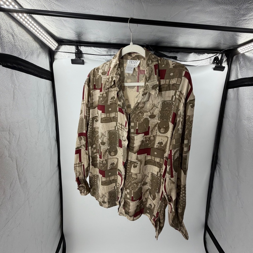 Tess 100% Silk Long Sleeve Button Down Shirt Tan Burgundy Novelty Print Medium